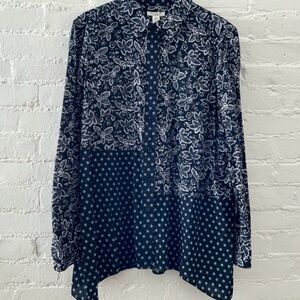 Westbound Tunic Top Mixed Print Long Sleeve Button Up Cotton Blend Artsy Boho